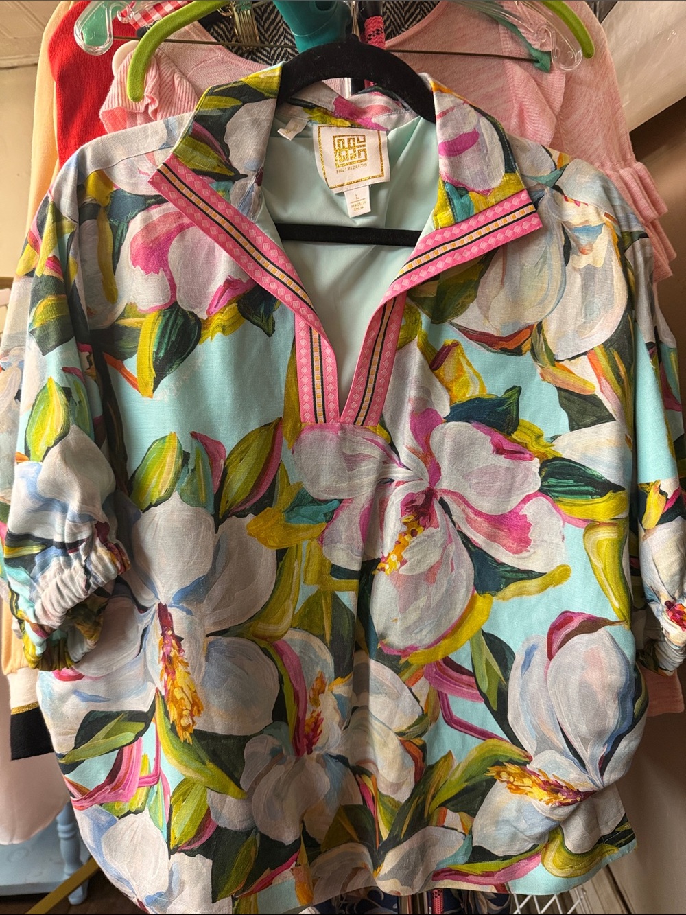 Trina Turk Aqua Floral Pullover Bomber Jacket with Pink Trim